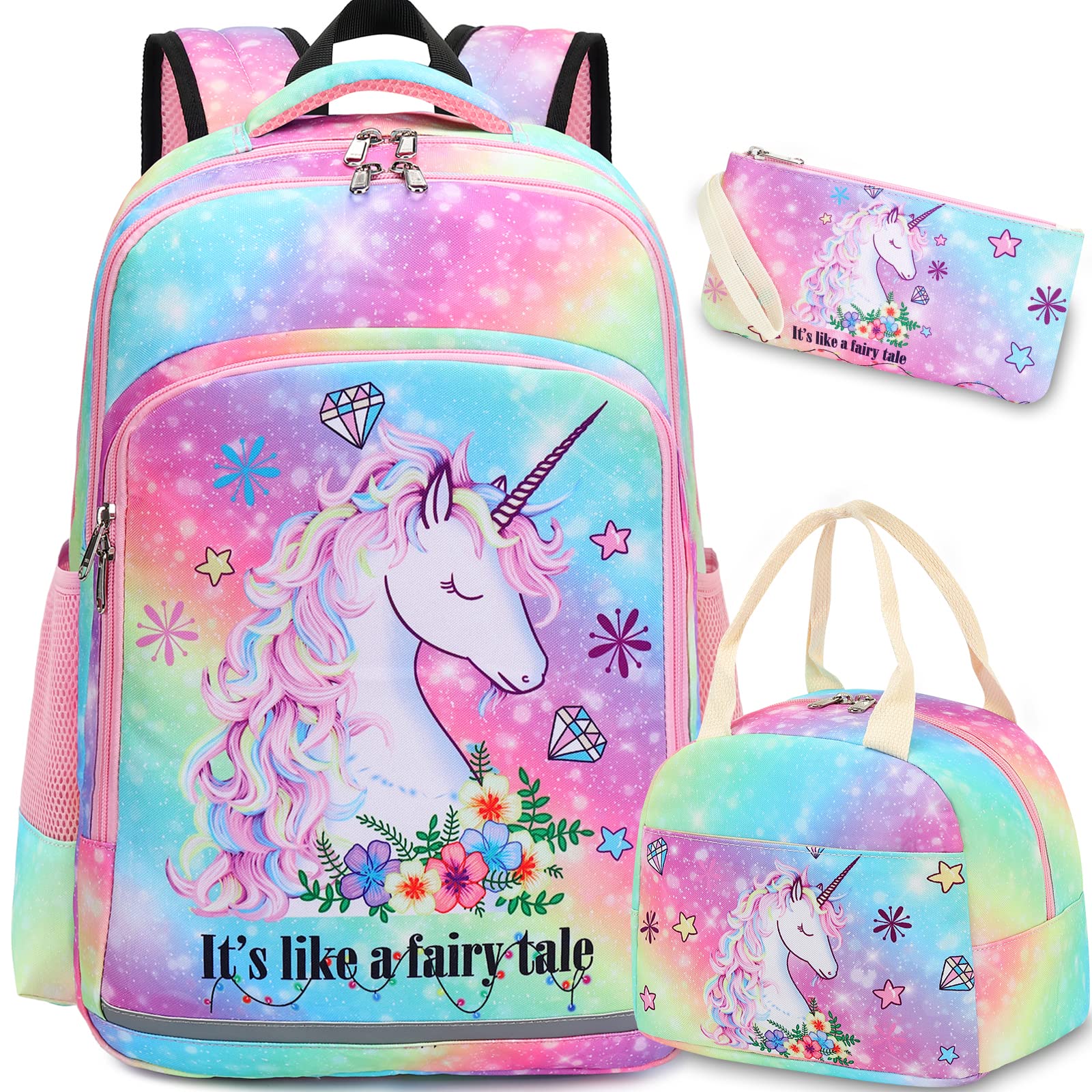 Cute Lightweight School Backpack for Girls - Waterproof Bookbag with Lunch Bag & Pencil Case Set | Perfect for Elementary Students, Travel & Daily Use