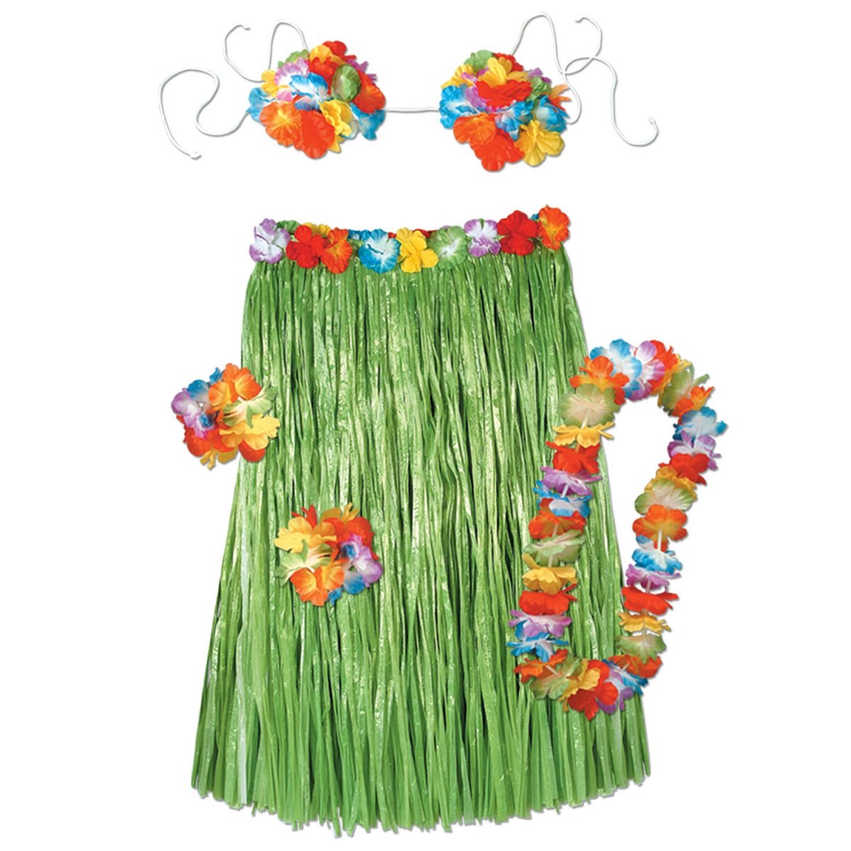 6-Pack Women's Hawaiian Hula Dancer Costume Set - Green & Red One Size Outfit for Luau Party, Halloween & Tropical Themed Events