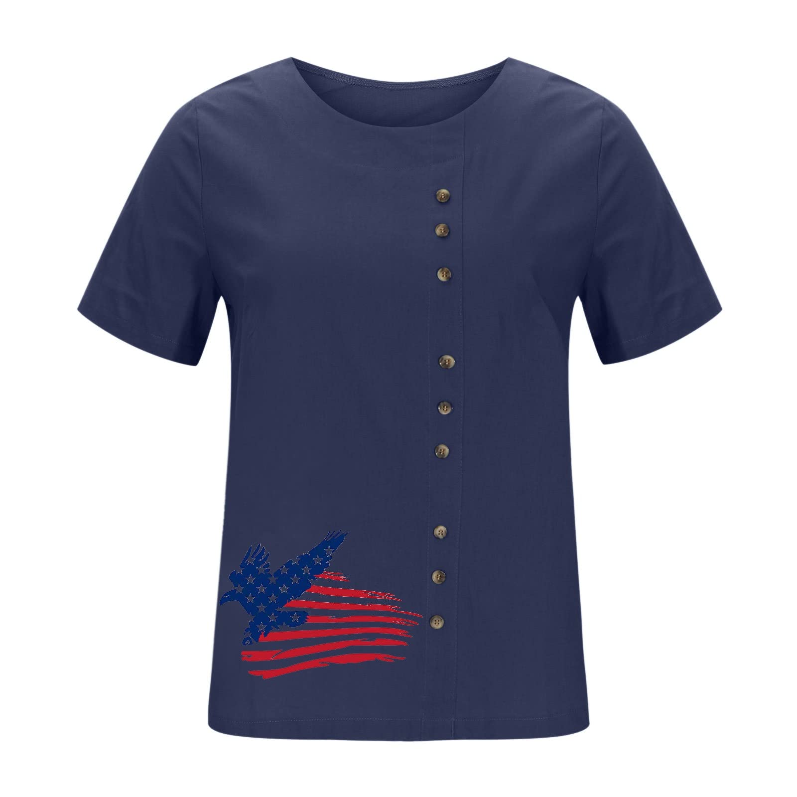 Women's 4th of July Shirts - Cotton Linen Casual Loose Fit Tunic Tee with Short Sleeve & Button Detail | Trendy Holiday Blouse for BBQ, Beach & Summer Parties