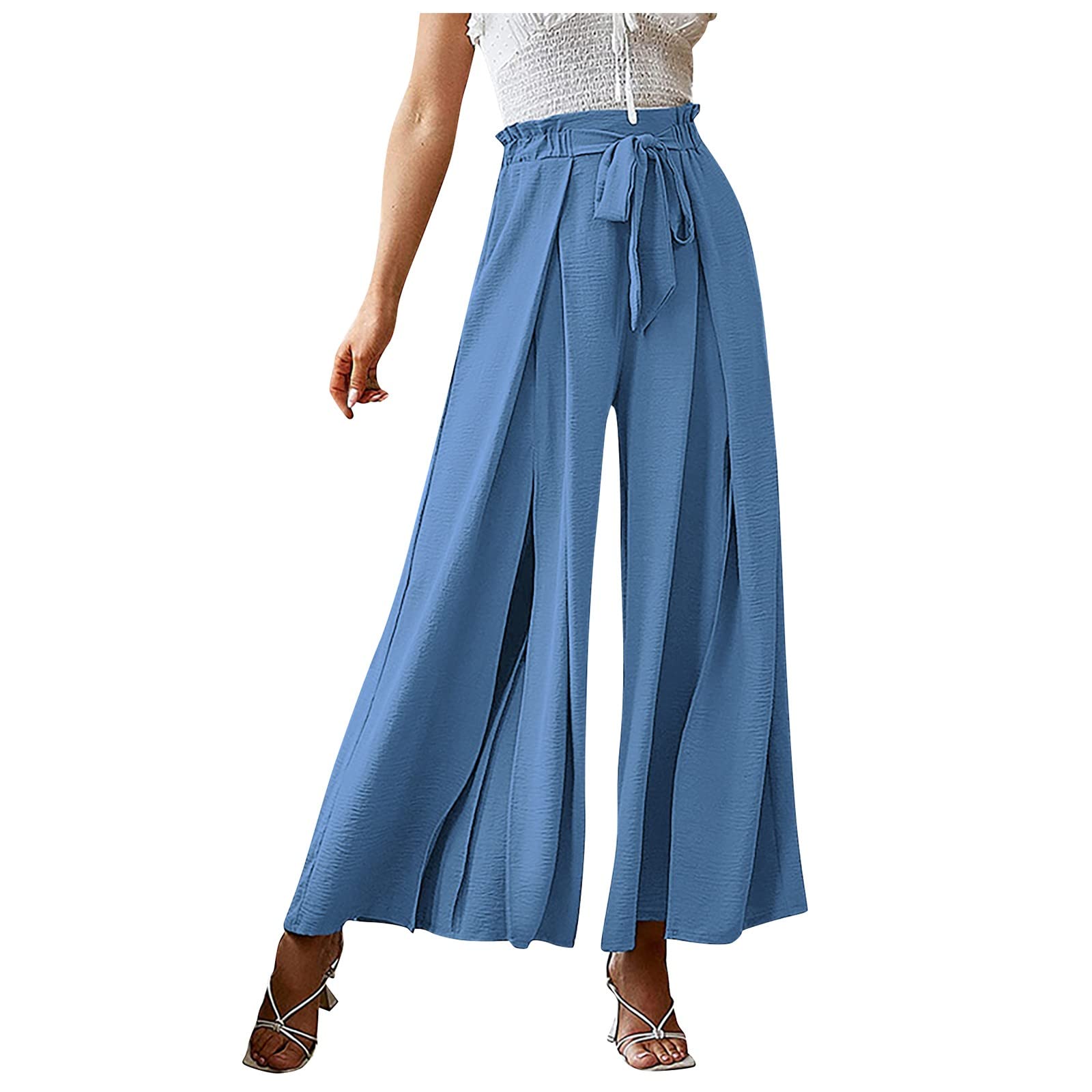 RIJJTRP Women's High Waist Pleated Wide Leg Pants - Solid Color Bow Tie Belt, Loose Fit Office Work Pants for Business Casual & Professional Workwear