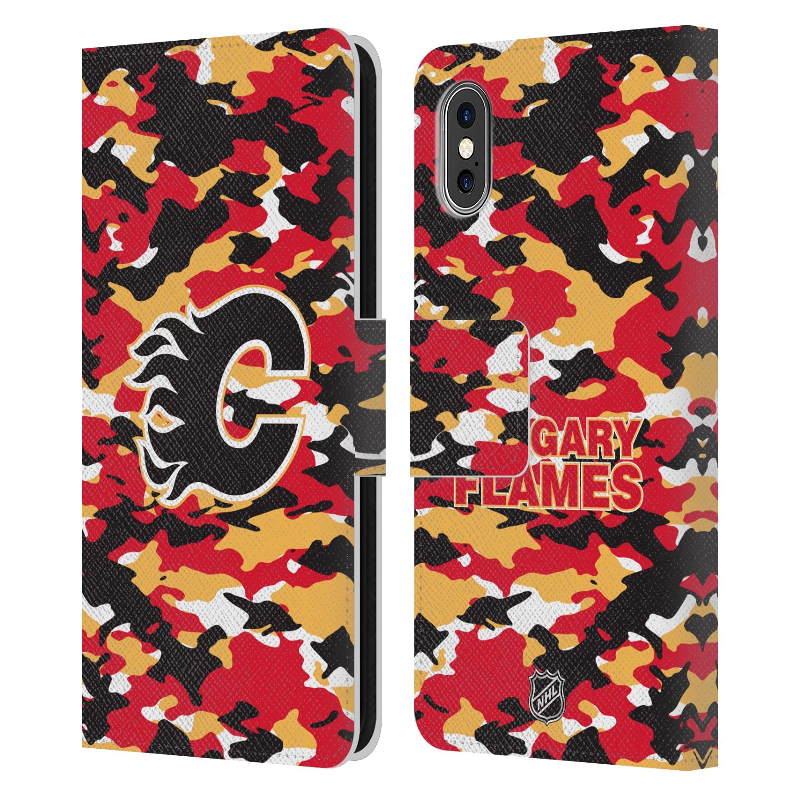 Officially Licensed NHL Camouflage Calgary Flames Leather Wallet Case for Apple iPhone X/Xs - Premium Phone Cover for Hockey Fans, Game Day & Everyday Use