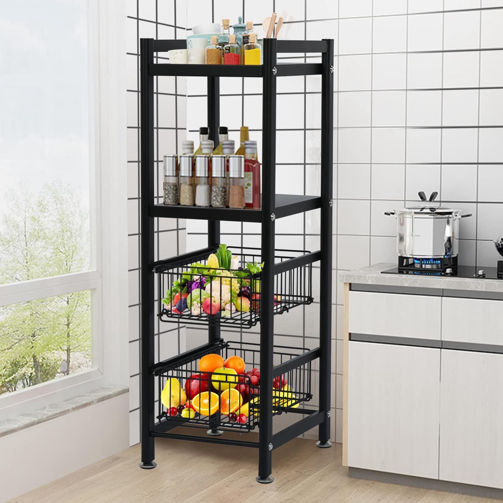 4-Tier Kitchen Baker’s Rack with Pull-Out Steel Wire Basket - Heavy Duty Carbon Steel Microwave Stand for Kitchen, Living Room, Bedroom & Bathroom - Space Saving Storage Solution for Small Apartments & Homes - Black