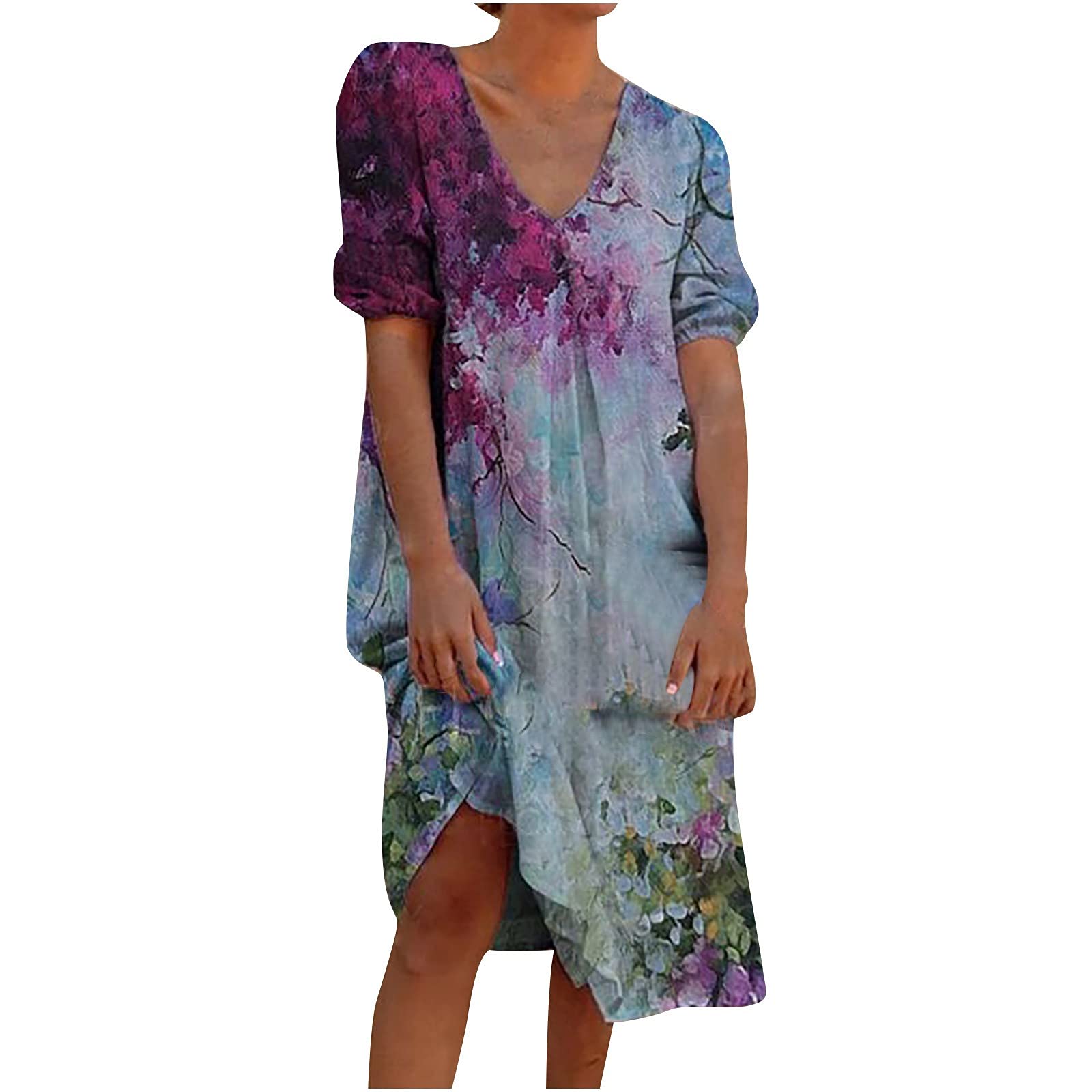Women's Floral Print V-Neck Short Sleeve Sundress - Casual Loose Maxi Dress for Summer, Beach, Party & Vacation | Plus Size Options Available