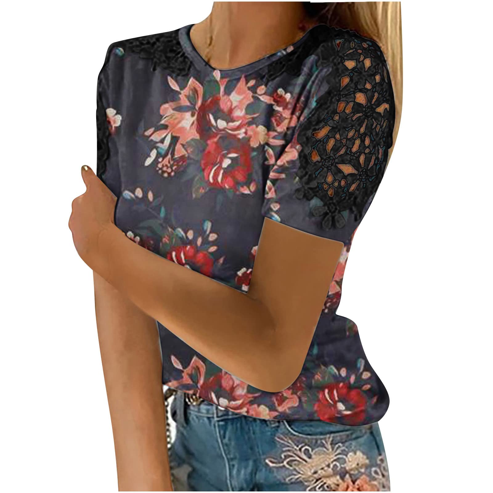 2023 Women's Fashion Lace Patchwork Short Sleeve Blouse - Crewneck Crochet Casual Top with Floral Design | Perfect for Summer Outfits, Beach Wear & Boho Style