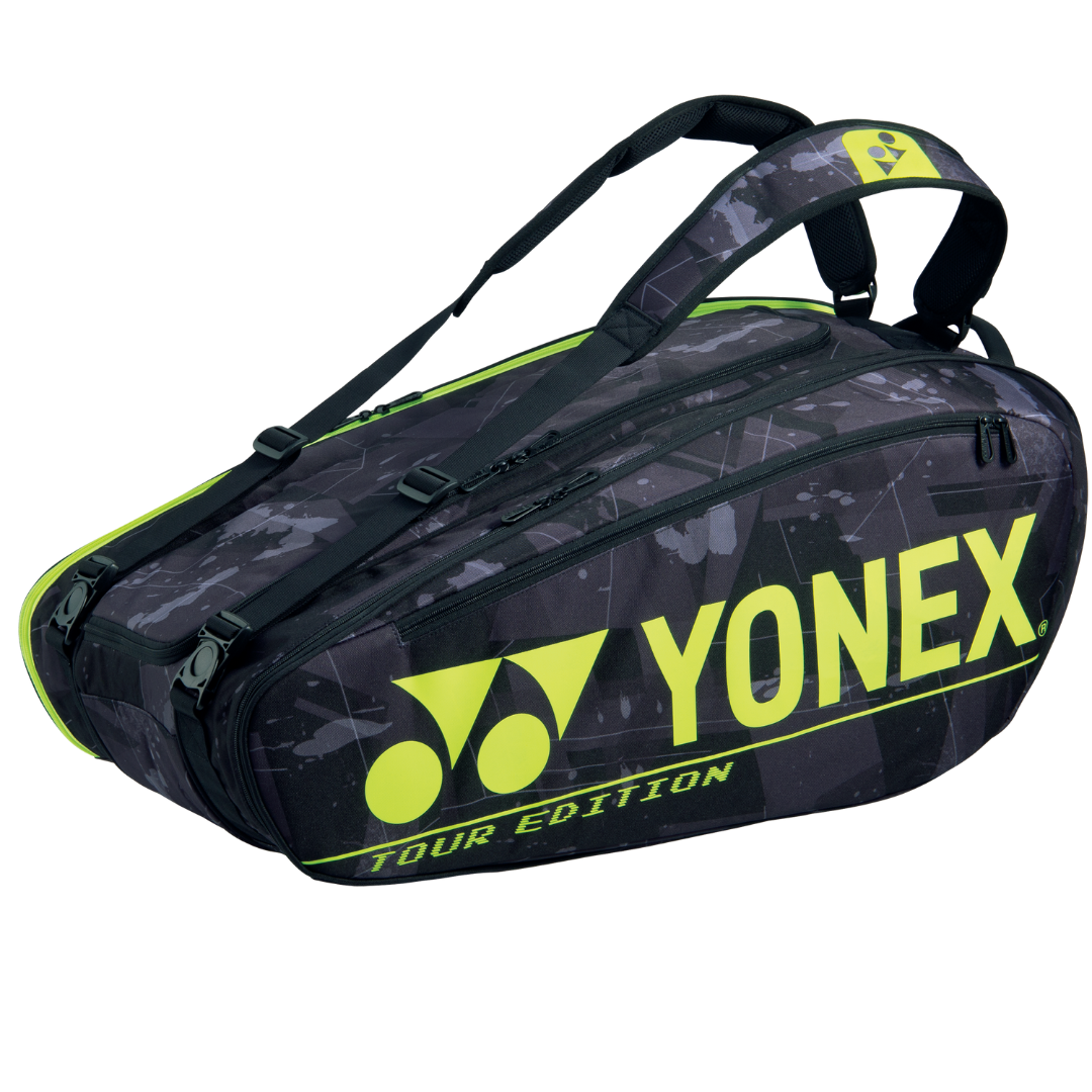 Yonex Pro Racquet Bag 9-Piece Tennis Gear Organizer - Black/Yellow for Tournament & Practice Use