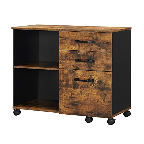 Industrial 3-Drawer Mobile File Cabinet - Lateral Filing Cabinet with Open Compartments for A4 & Legal Size Documents, Printer Stand in Rustic Brown & Black - Perfect for Office, Home Office & Workspace Organization