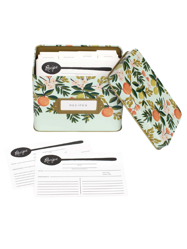 Citrus Floral Recipe Box with Tin Storage - Perfect for Organizing Kitchen Recipes & Cooking Inspiration