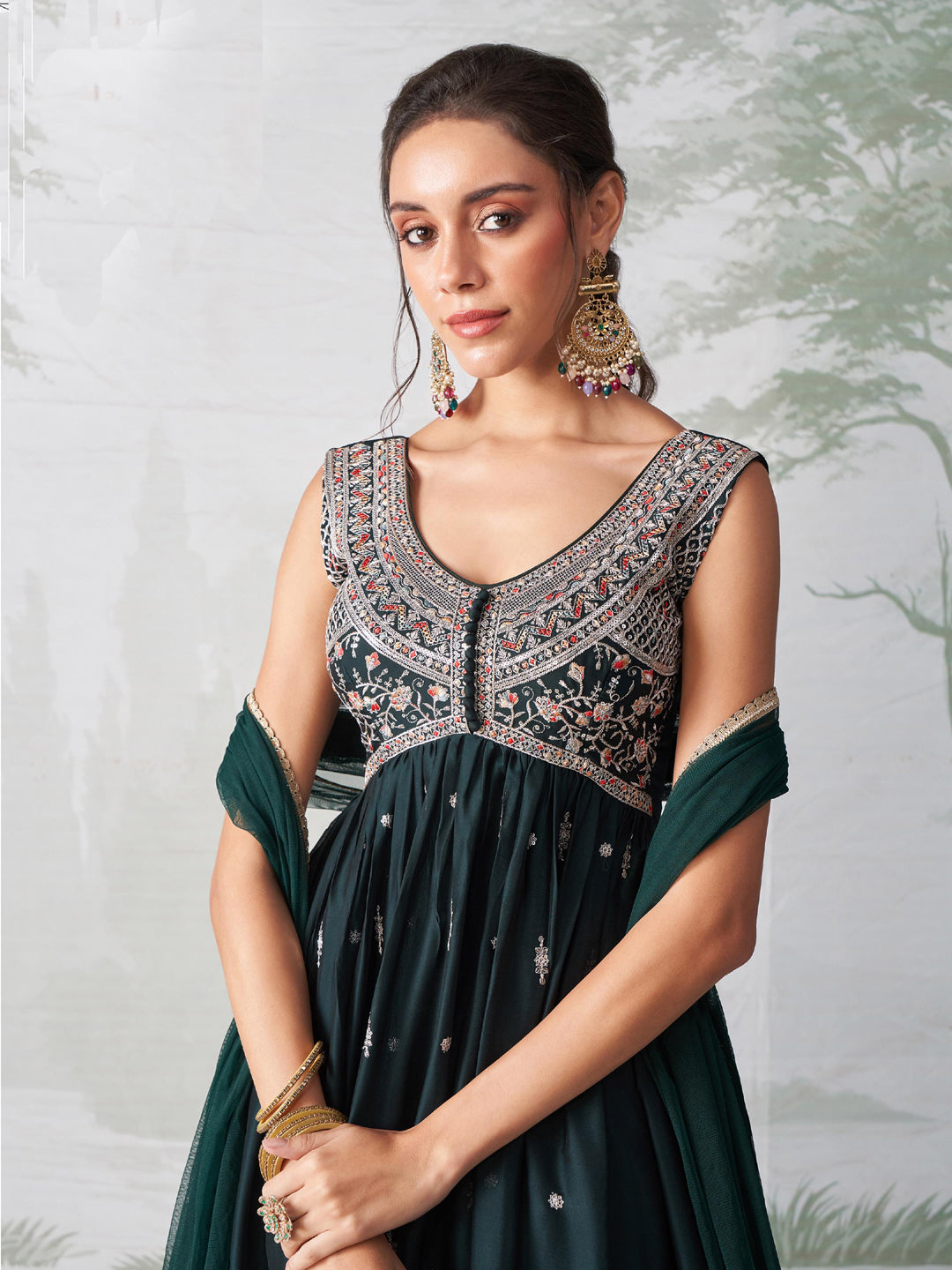 Elegant Bottle Green Designer Anarkali Dress with Intricate Embroidery - Perfect for Weddings, Parties & Festive Occasions