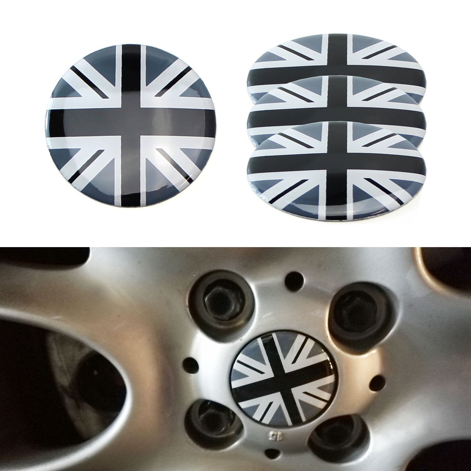4-Pack Black & Grey Union Jack UK Flag Wheel Center Cap Covers for MINI Coopers - British Style Hubcaps for MINI Cooper S, Clubman, Countryman - Perfect for Car Enthusiasts & UK Pride Accessories