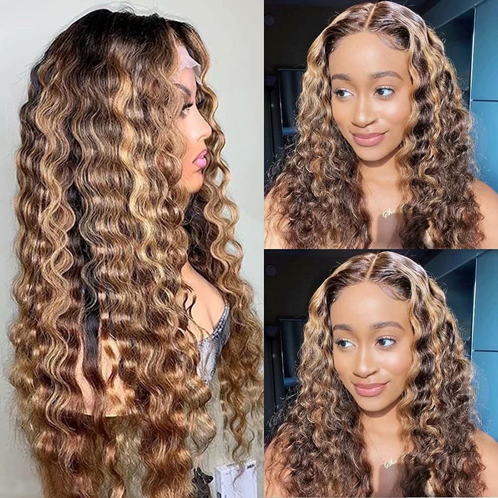 13x6 HD Transparent Lace Human Hair Wig - 180% Density Ombre Curly Brazilian Remy Hair, Pre-Plucked with Baby Hair, Glueless Deep Wave Design, 24 Inch for Women | Perfect for Daily Wear, Parties, and Special Occasions