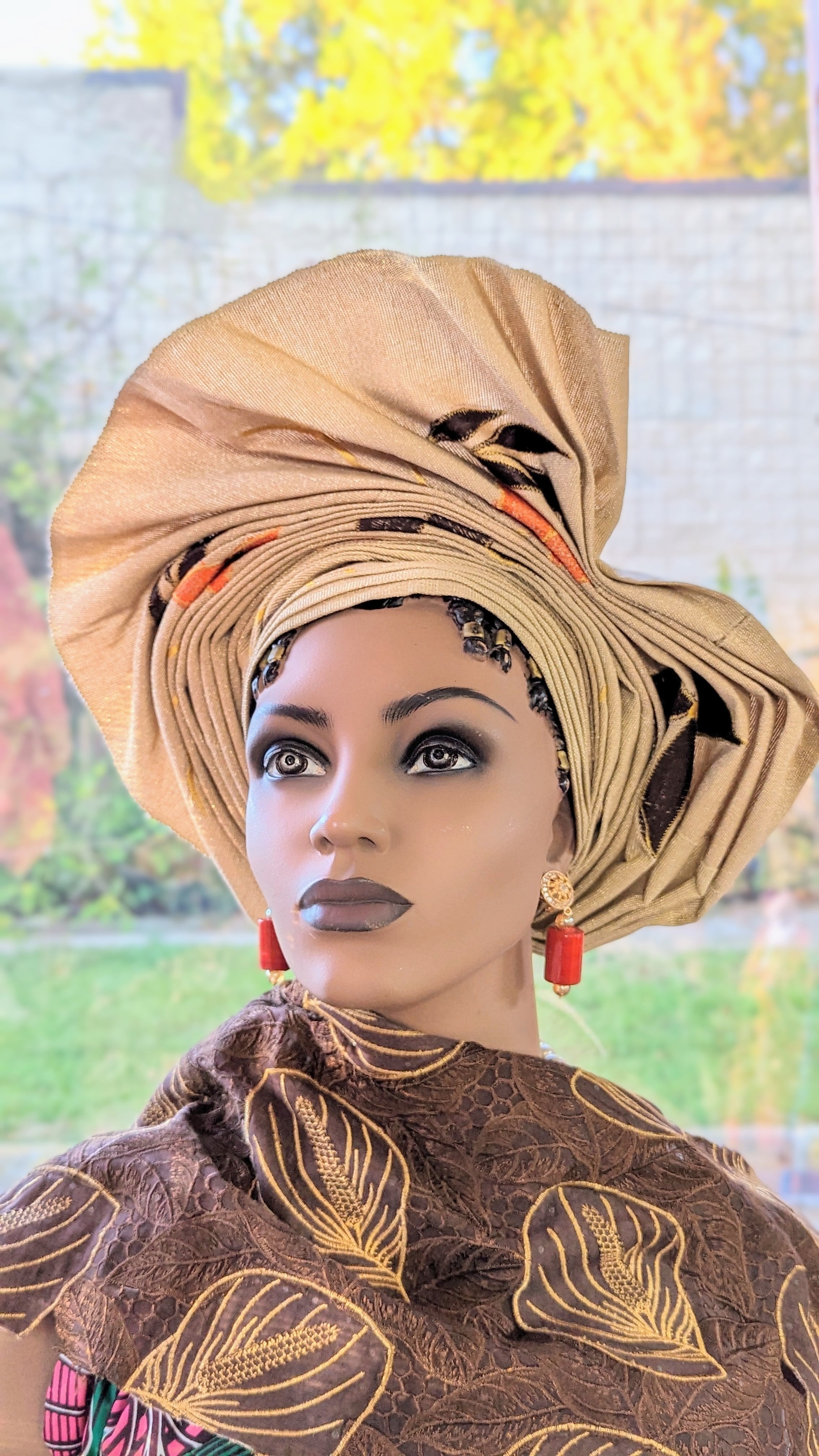 Evah Tan African Aso Oke Autogele Head Wrap - Orange & Brown Leaf Pattern Pre-Tied Head Tie for Women | Perfect for Weddings, Church, Parties & Cultural Events