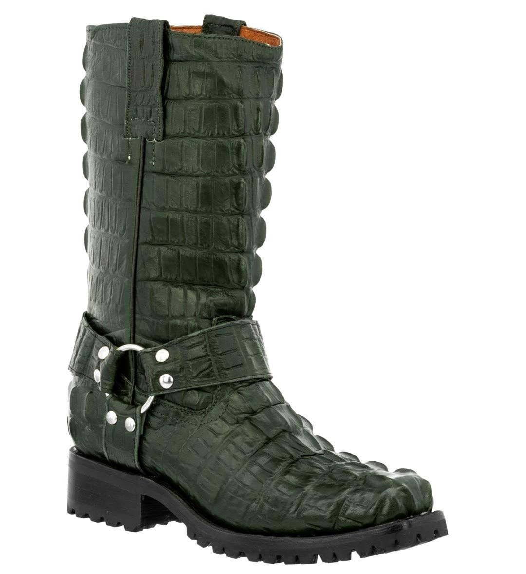 Men's Black Motorcycle Leather Boots - Cowboy Style with Alligator Tail Print - Durable Riding & Casual Wear for Bikers & Outdoor Enthusiasts