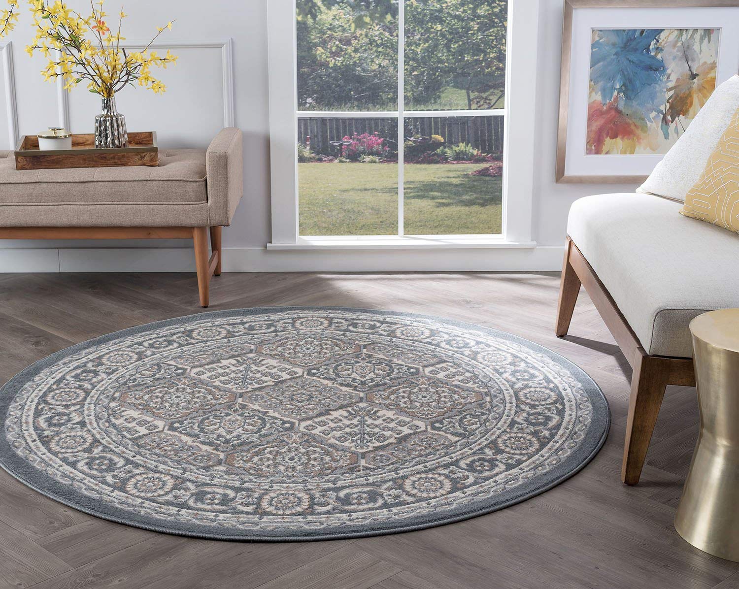 Oxnard Gray 8-Foot Round Area Rug - Traditional Oriental Design for Living Room, Bedroom & Dining Room | Soft & Durable Floor Covering for Home Decor