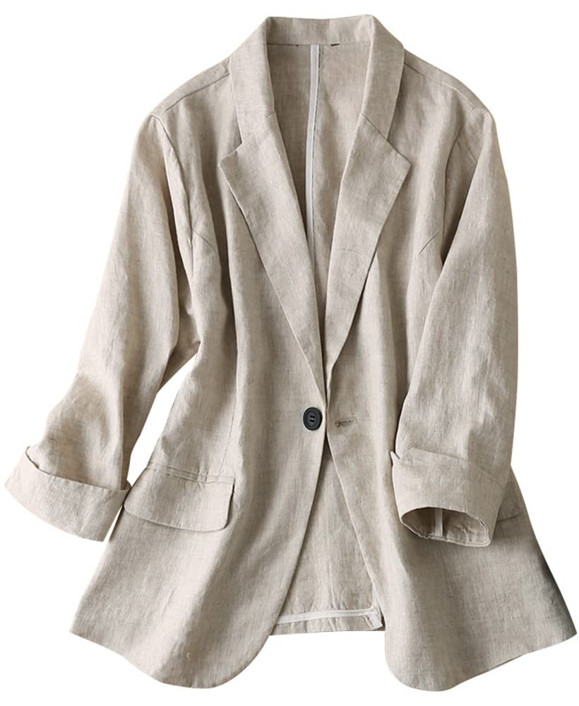 Kinghua Women's 100% Linen Single Button Blazer - Casual 3/4 Sleeve Lapel Jacket for Office, Spring Outfits & Business Casual Wear