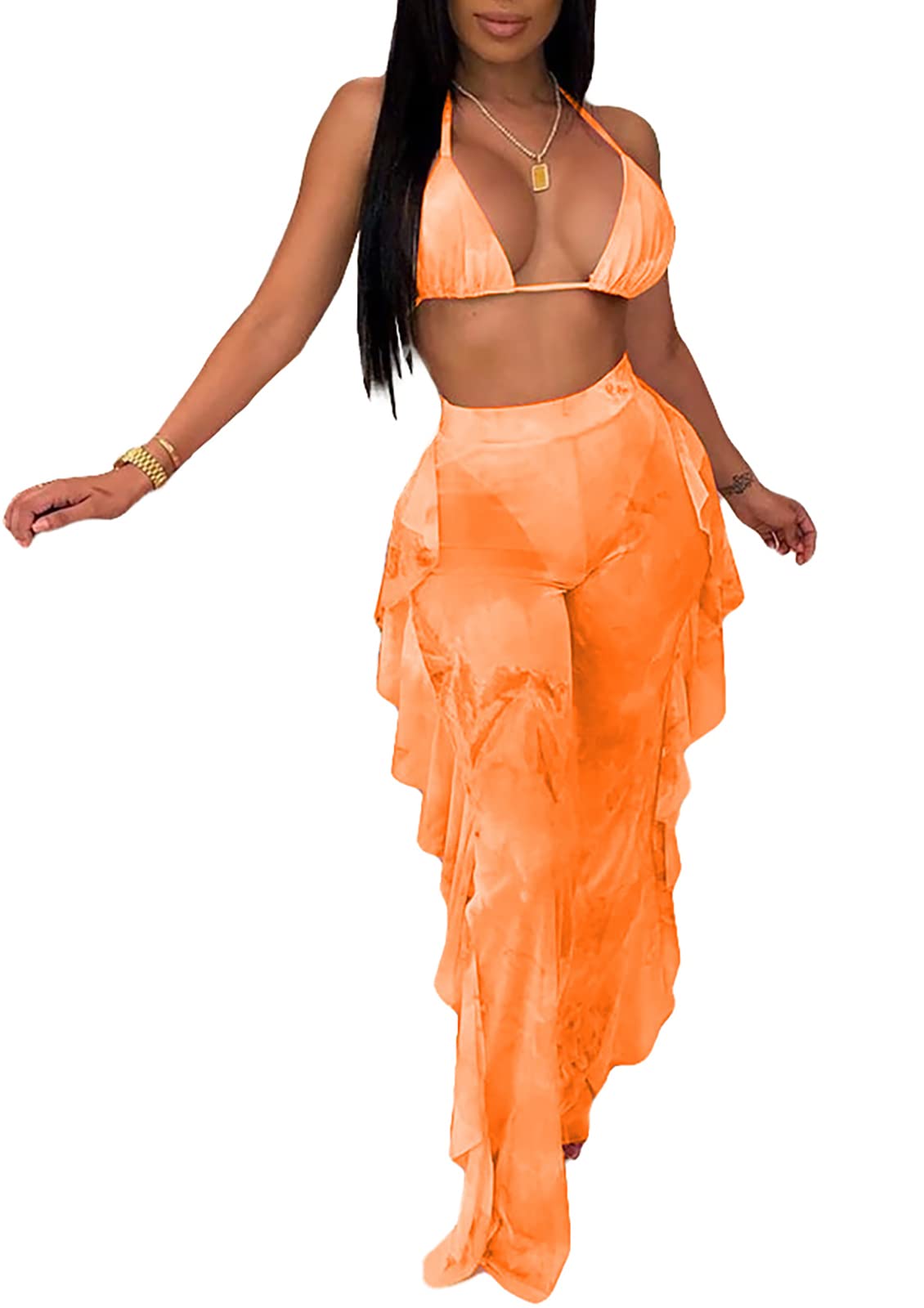 Sexy Women's Bikini Set - Ruffle Beach Jumpsuits with See-Through Mesh & Tie-Dye Design | Perfect for Pool Party, Vacation & Summer Beachwear