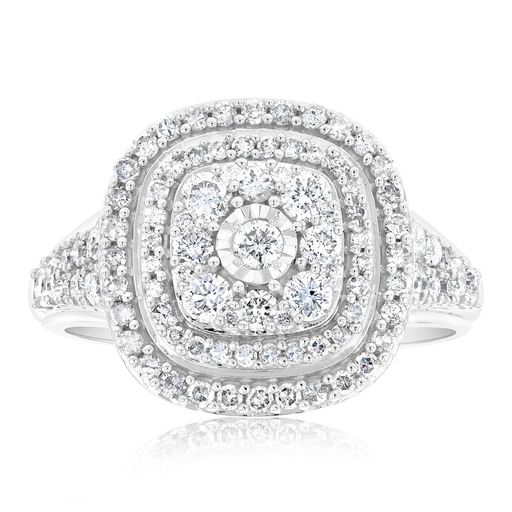 0.95 Carat Diamond Cluster Cushion Ring in 10K White Gold - Elegant Engagement & Wedding Ring for Women - Perfect for Proposals, Anniversaries, and Special Occasions