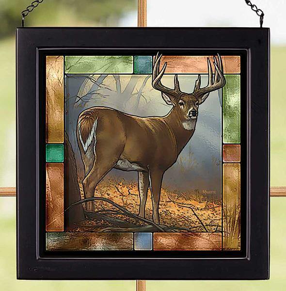 Stained Glass Whitetail Deer Wall Art - 9x9 Inches Handcrafted Prime Buck Decor for Home, Office & Cabin - Perfect for Hunting Lodge & Rustic Interior Design