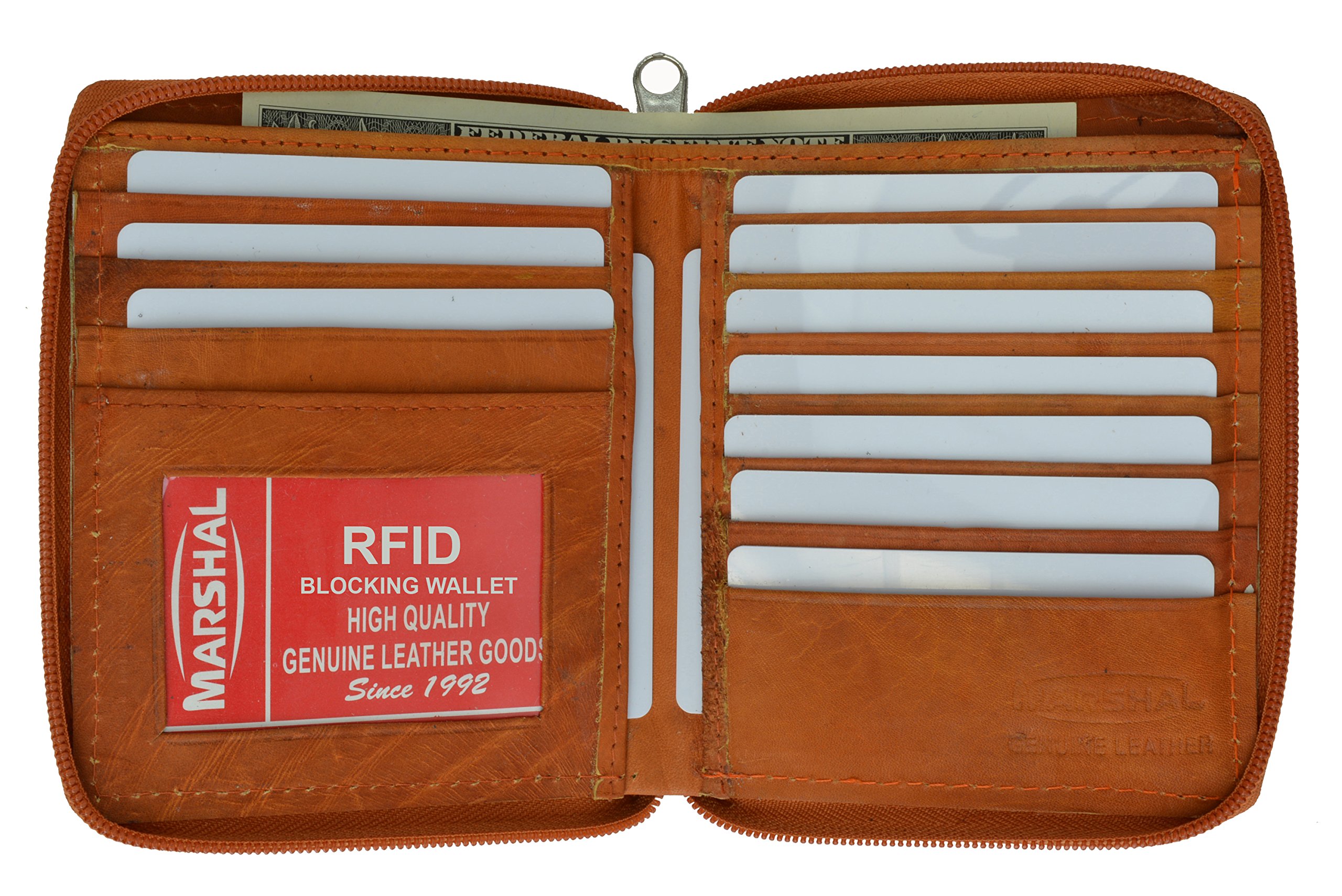 MARSHAL RFID Blocking Men's Leather Wallet with Zipper - Tan | Slim Bifold Credit Card Holder for Travel & Everyday Use