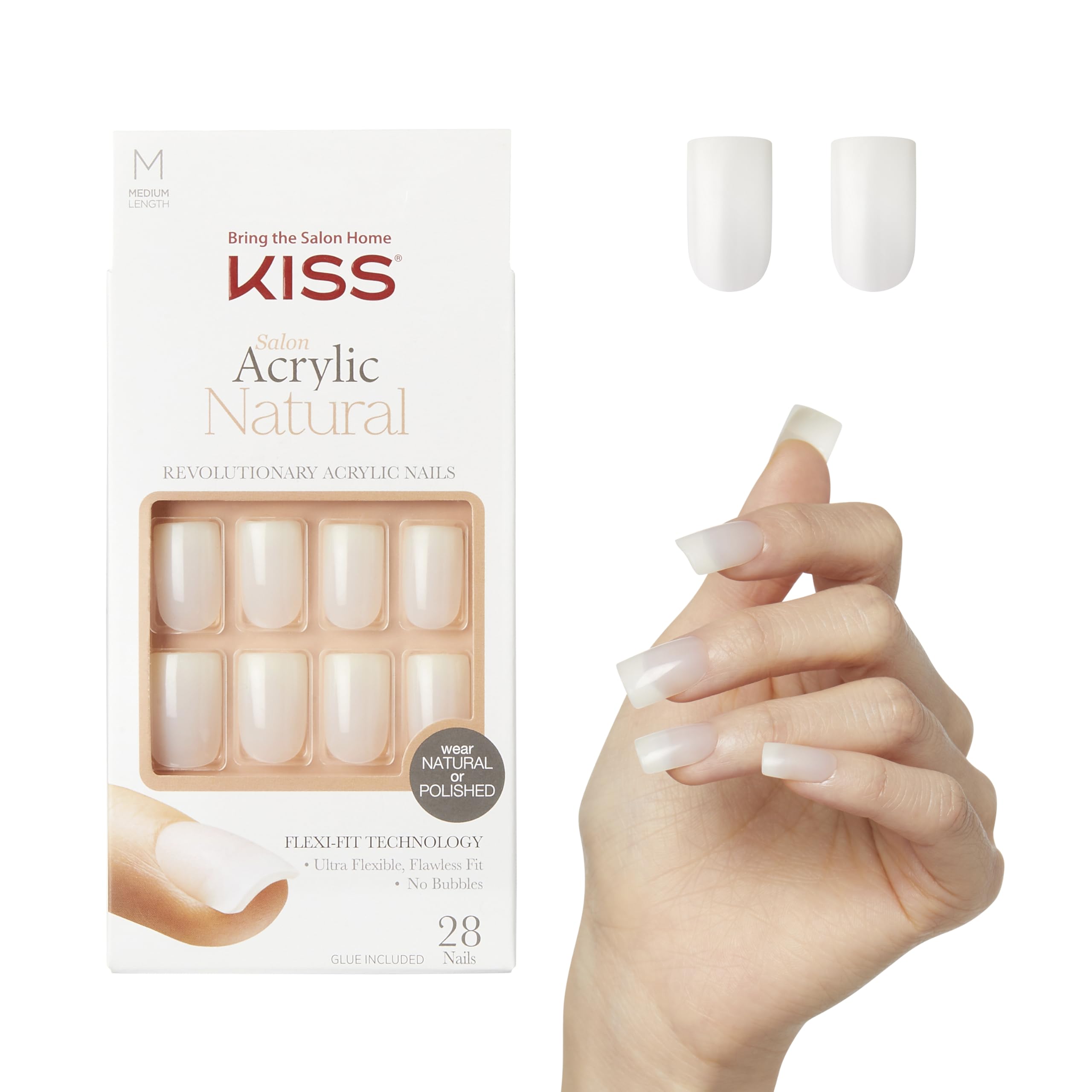 KISS Salon Acrylic Natural Nails - Euphoria Style Medium Length Fake Nails with Ultra-Smooth Finish | DIY At-Home Manicure Kit Includes Pink Gel Nail Glue, Mini File, Manicure Stick & 28 Nails in 14 Sizes | Perfect for Parties, Weddings, Date Nights & Special Occasions