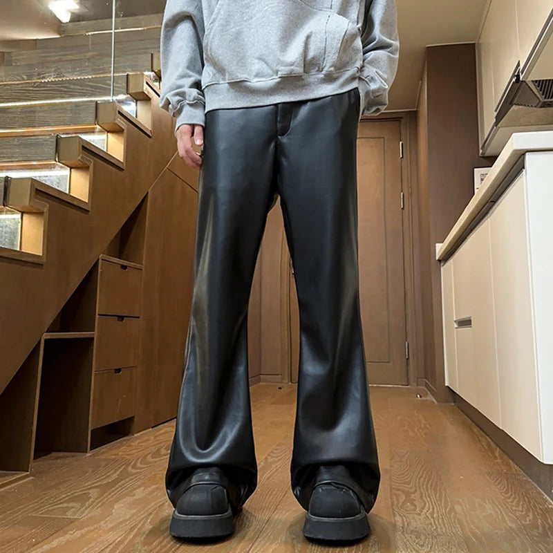 Men's PU Leather Casual Pants - American Style Straight Leg Wide Fit Loose Trousers with Boot Cut | Solid Color Menswear (Style 9C8865) | Perfect for Everyday Wear, Office & Night Out