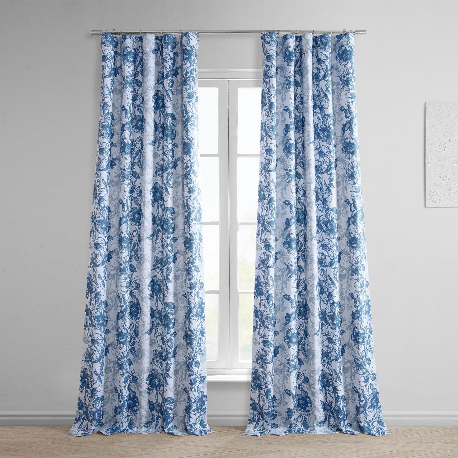 Blue Poppy Floral Printed Faux Linen Blackout Curtains for Bedroom & Living Room - Light Blocking Window Drapes for Home Decor
