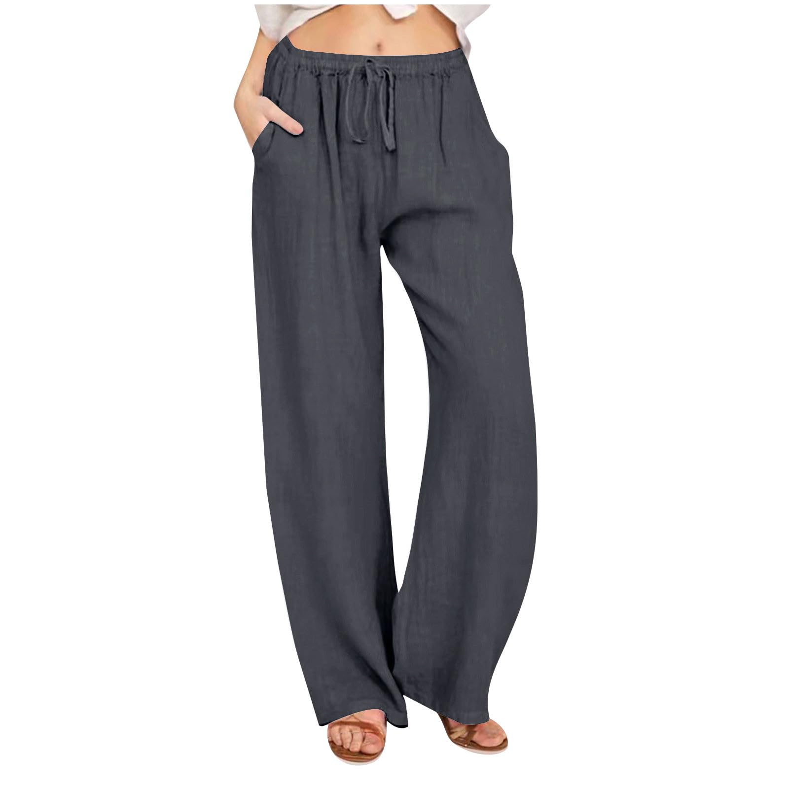 Eiyaclvo Women's Elastic Waist Straight Leg Trousers with Pockets, Loose Drawstring Palazzo Pants for Casual Wear, Office, and Travel