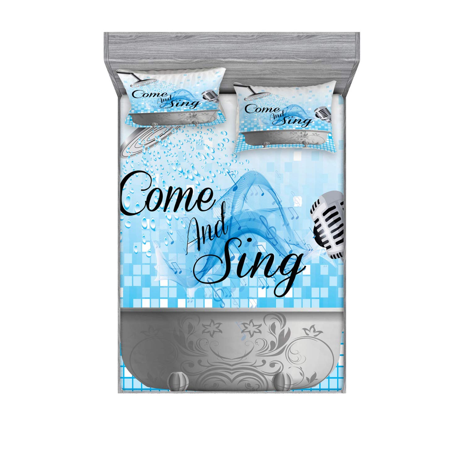 Ambesonne 3-Piece Queen Bedding Set - Bathtub Design with 'Come and Sing' Typography, Pale Blue & White Printed Fitted Sheet & Pillow Shams | Happy Style Home Decor for Bedroom, Guest Room or Dorm