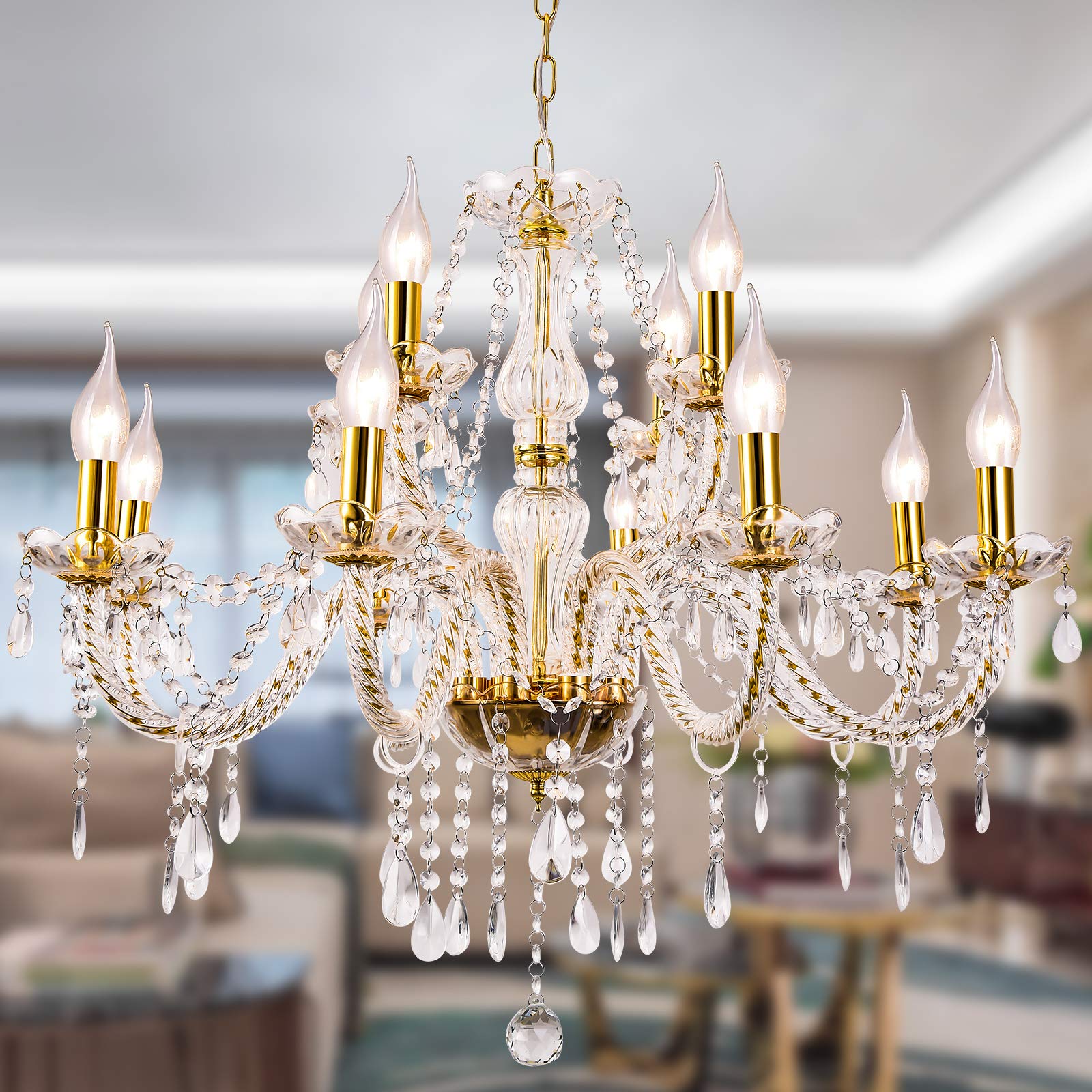Crystal Gold 12-Light Chandelier Pendant Ceiling Fixture - Elegant Dining Room Lighting for Living Room, Bedroom, Hallway & Entryway - Perfect for Weddings, Parties & Home Decor
