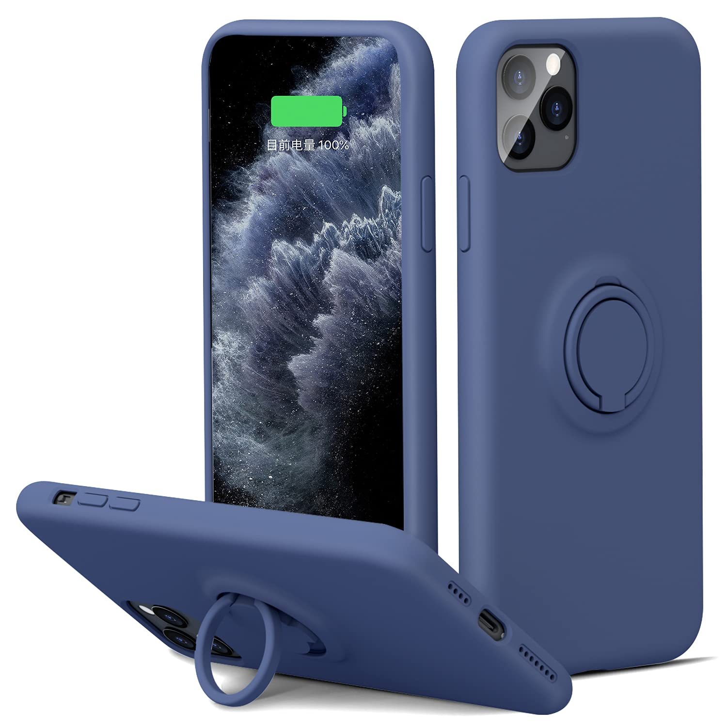Thomo Liquid Silicone iPhone 11 Pro Max Case with Ring Holder & Kickstand - Anti-Scratch Microfiber Lining, Full Body Protective Cover (Navy Blue) | Perfect for Work, Travel & Everyday Use