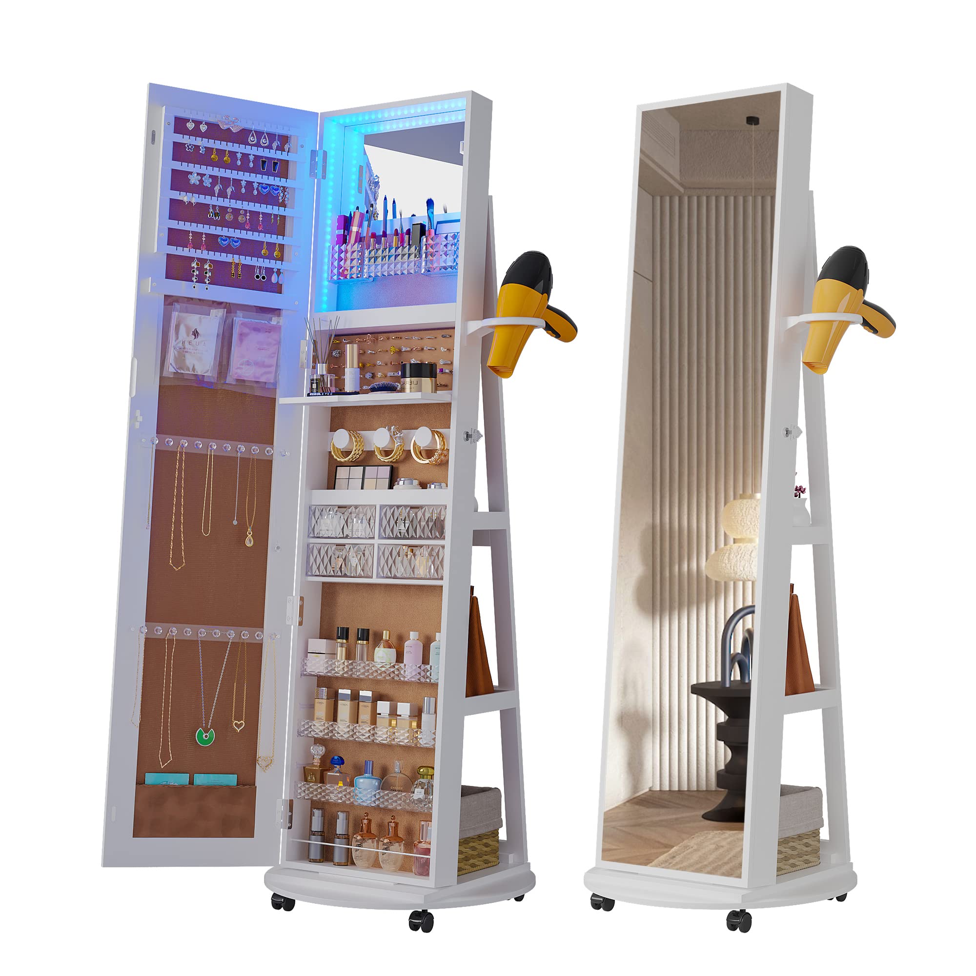 360° Swivel Jewelry Armoire with LED Mirror & Lockable Wheels - Full Length Standing Mirror Jewelry Cabinet with Foldable Makeup Shelf & Storage Organizer (White) - Perfect for Bedroom, Dressing Room & Closet Organization