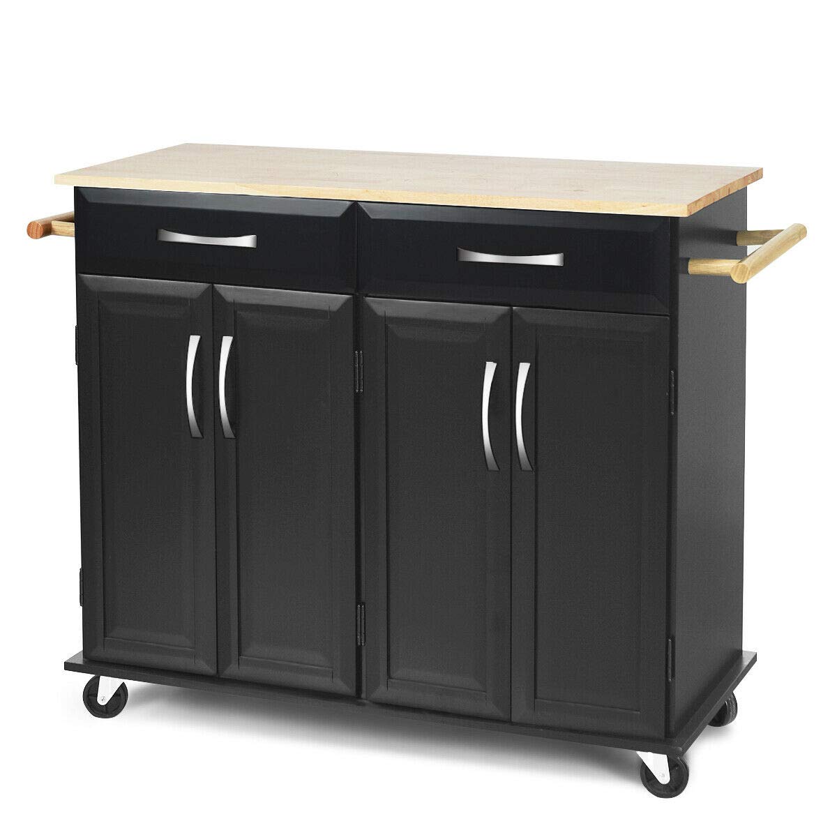 **Black Kitchen Trolley Island Utility Cart with 2 Drawers & 2 Cabinets - Rolling Storage Cabinet with Towel Racks & Rubber Wood Top - Perfect for Pantry, Silverware, Utensils, Stemware & Dishware Organization - Ideal for Small Kitchens, Apartments & Dining Areas**