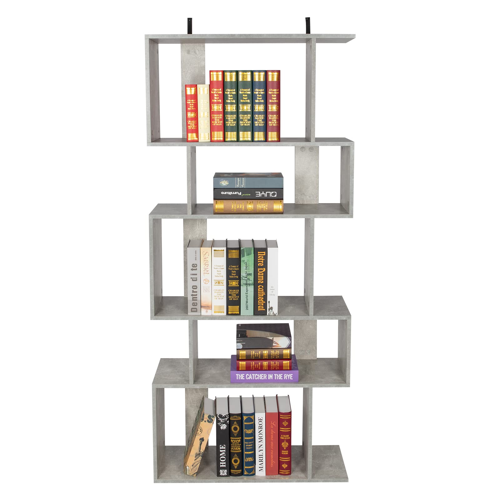 Kcelarec 5-Tier Wooden Geometric Bookcase - Industrial S-Shaped Bookshelf & Room Divider - Decorative Storage Shelf for Living Room, Bedroom, Office - Space Saving Home Organization Solution (Grey)