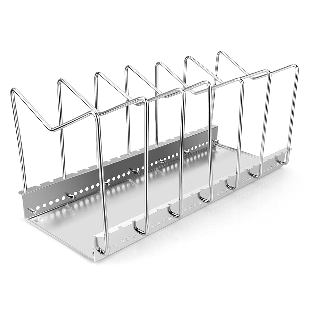 Stainless Steel Pot Lid Organizer Rack - 5/6 Compartments Kitchen Storage with Drain Tray - Perfect for Pots, Pans & Cutting Board Lids - Space-Saving Solution for Cluttered Cabinets & Drawers