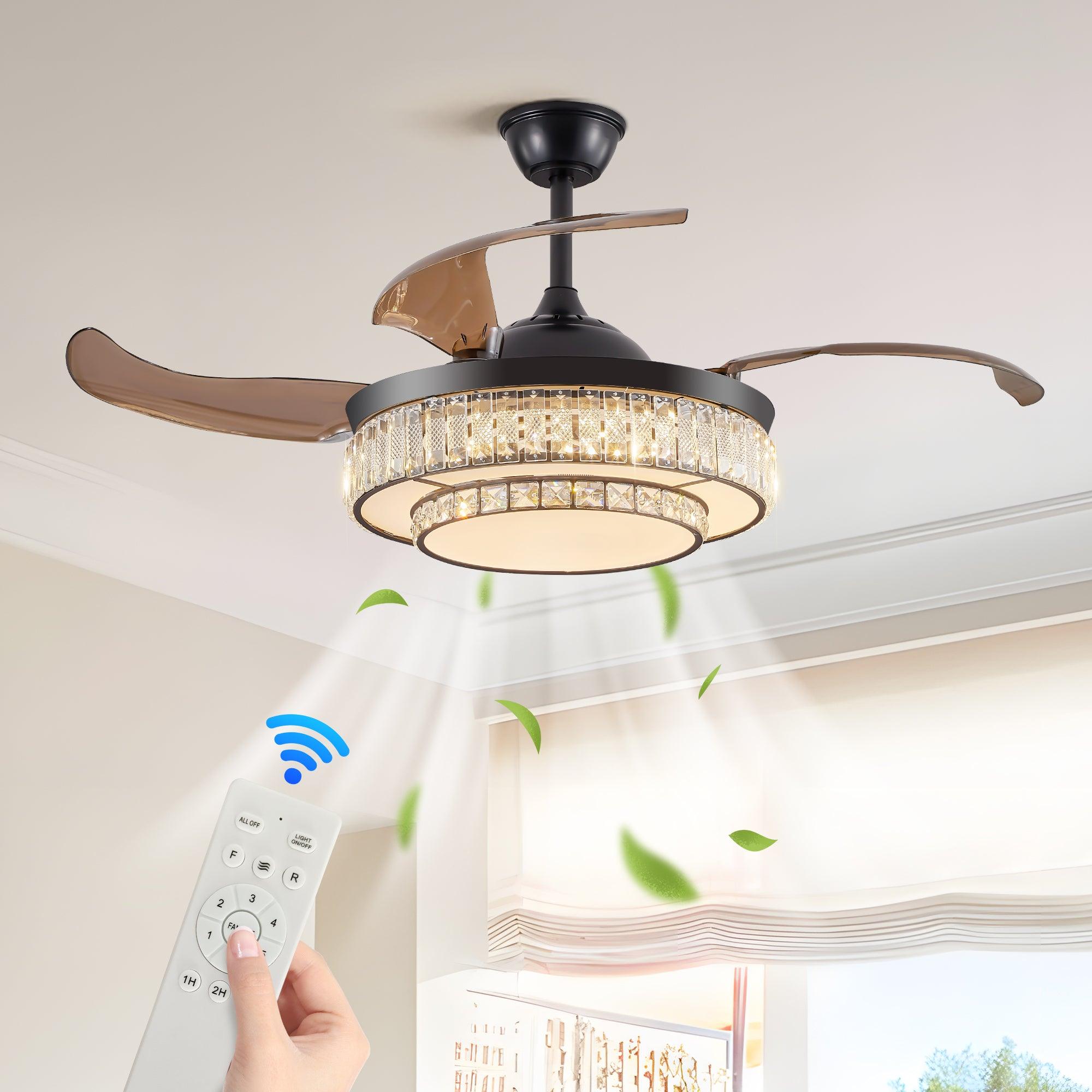 Modern LED Retractable Ceiling Fan with Light & Remote Control - Ultra Quiet Reversible 4-Blade Design for Kitchen, Bedroom, Dining Room & Patio | Energy Efficient Cooling & Stylish Home Decor