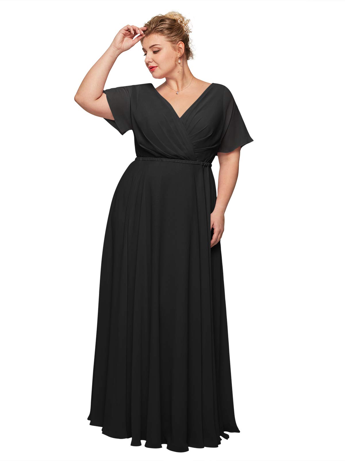 ALICEPUB Women's V-Neck Chiffon Bridesmaid Dress - Long Maxi Formal Evening Gown with Short Sleeves for Weddings, Parties & Special Occasions