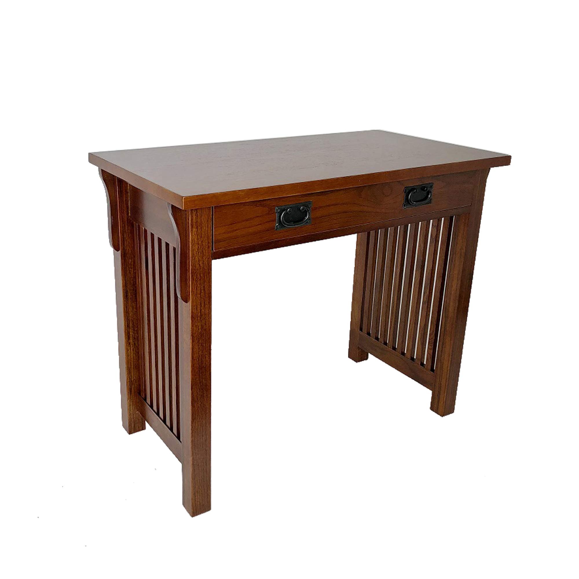 Benjara Brown Wooden Frame Writing Desk with 1 Drawer & Slatted Sides - Home Office, Study, Dorm Room Workspace for Students & Professionals