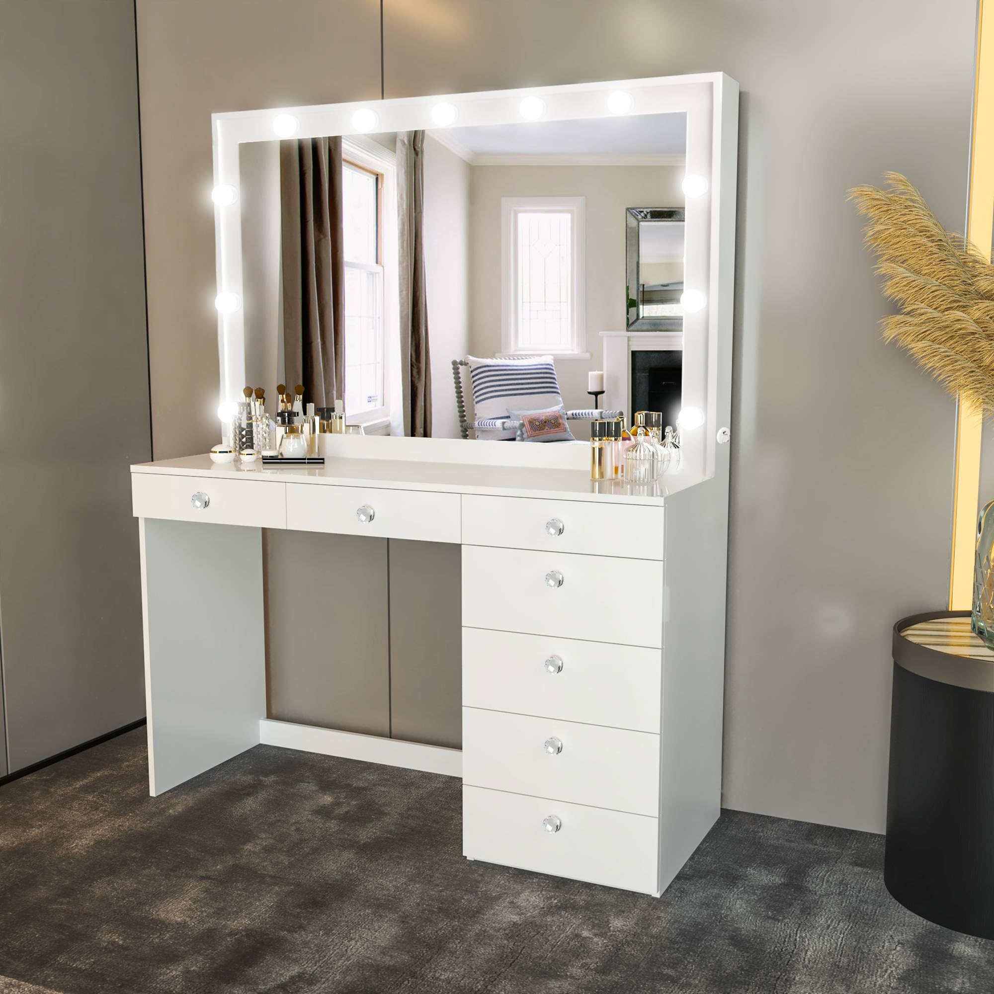 Boahaus Diana Modern Lighted Vanity Desk with Crystal Ball Knobs - White Makeup Dressing Table for Bedroom, Perfect for Applying Makeup & Skincare Routine