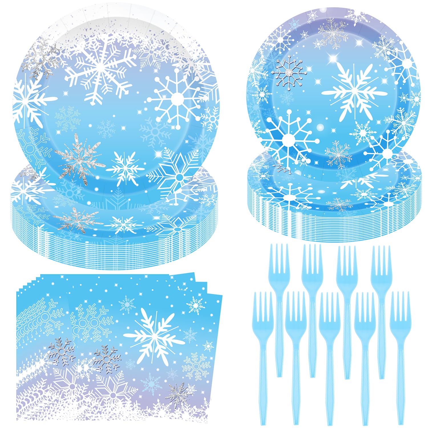 96 PCS Winter Snowflake Disposable Tableware Set - Christmas Paper Plates, Napkins, Forks for Frozen-Themed Birthday Party Decorations | Holiday Dinnerware for Winter Wonderland & Christmas Celebrations