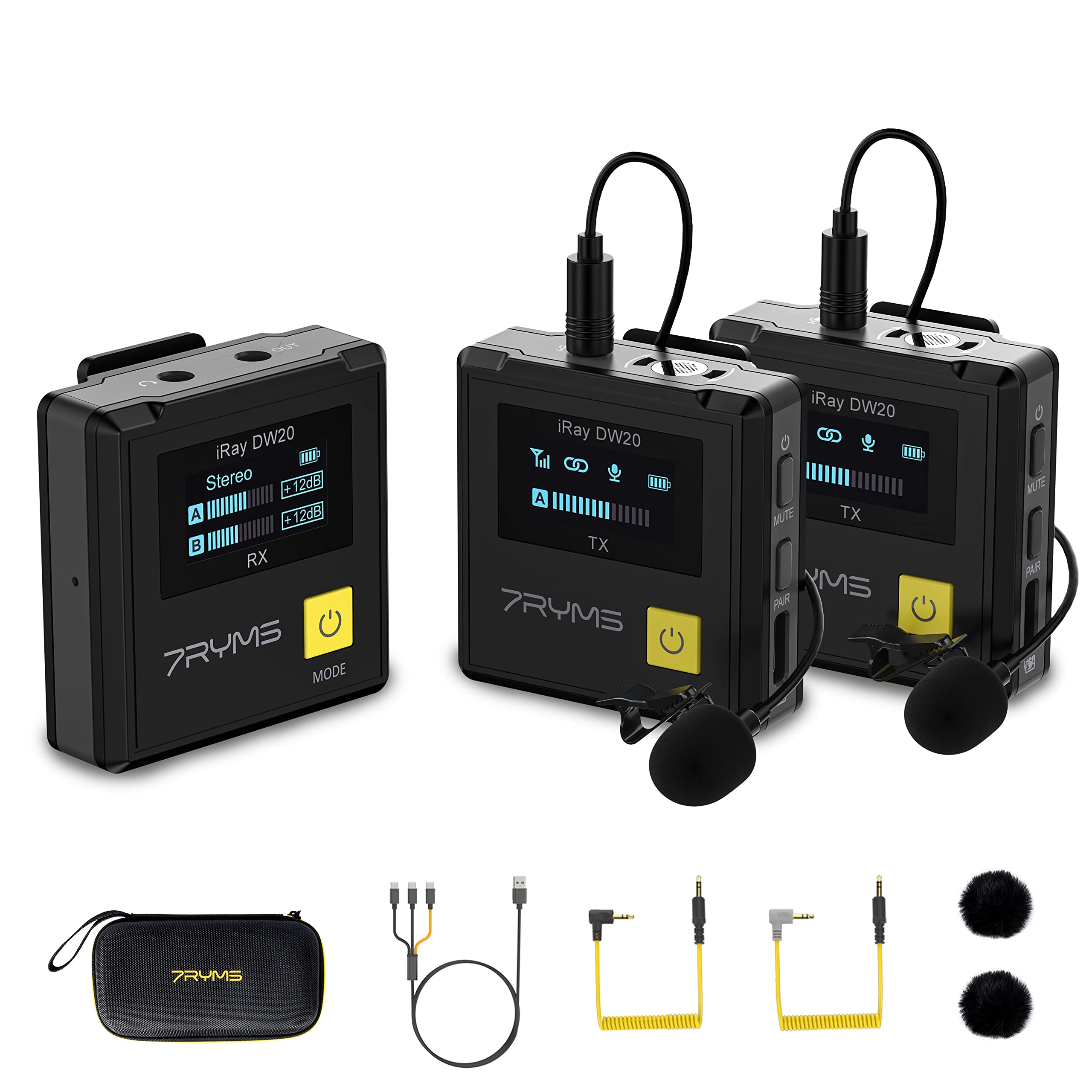 iRay DW20 Wireless Lavalier Microphone with Intelligent Noise Reduction - 2.4G Dual Wireless Lapel Mic for Camera, Smartphone & Tablet - Compact Lav Mic for Vlogging, Live Streaming, Interviews & Podcasting