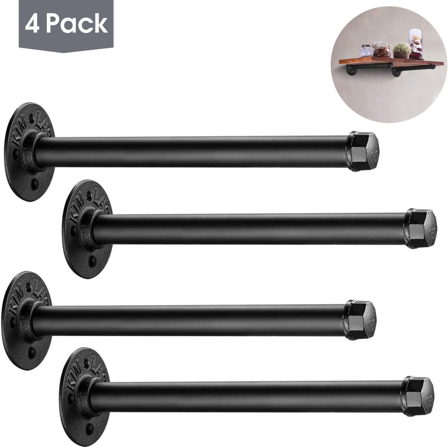 Industrial Black Iron Pipe Shelf Brackets 4 Pack - 10.3 Inch Heavy Duty Wall Mount Brackets for DIY Shelving, Rustic Home Decor & Pipe Furniture - Perfect for Living Room, Bedroom, Kitchen & Office Organization