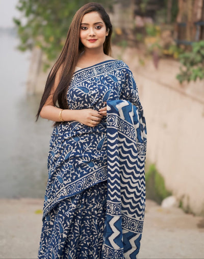 1 Minute Indigo Blue Linen Silk Stitched Ready-Made Saree for Women - Elegant Traditional Indian Dress for Weddings, Parties & Festive Occasions
