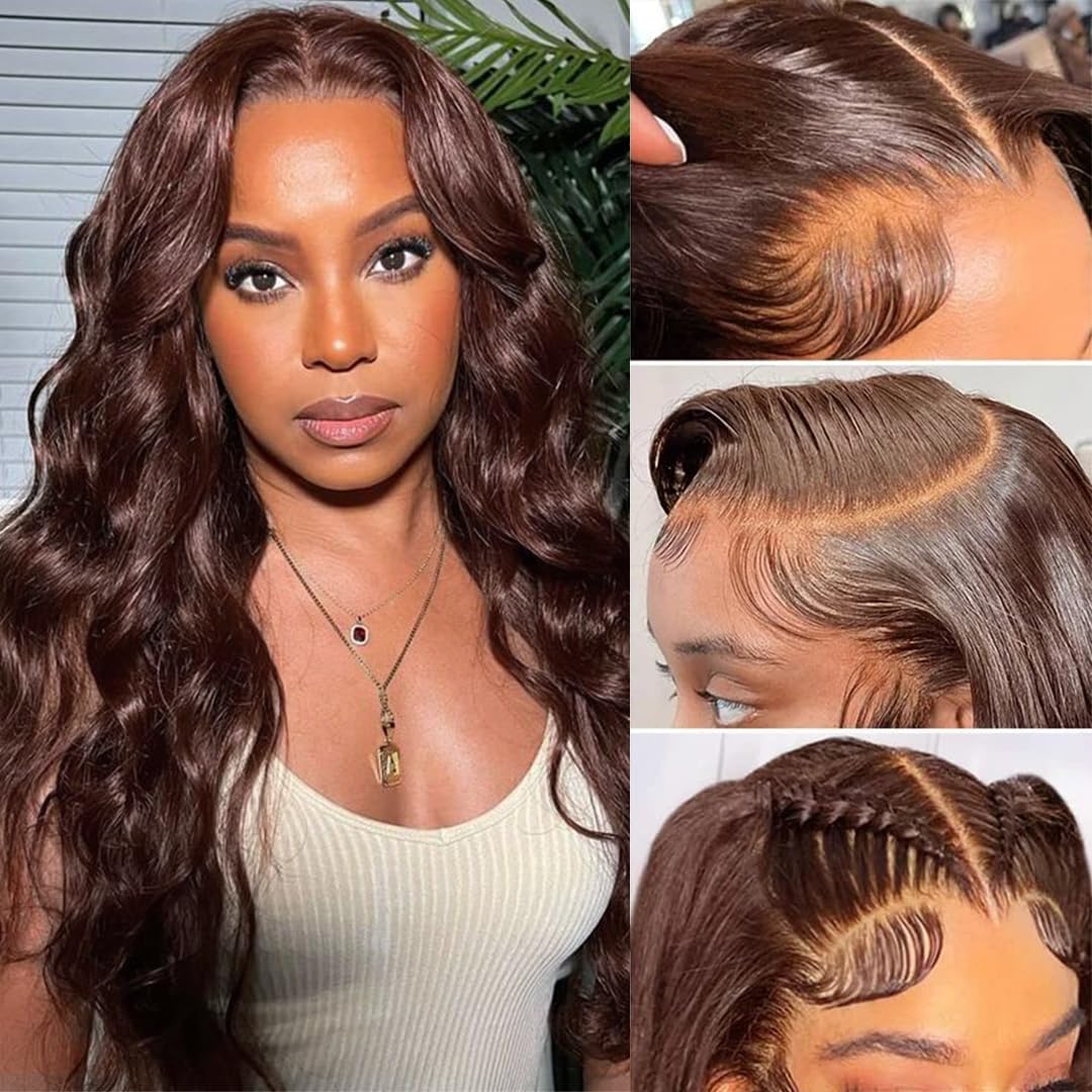 Chocolate Brown 13x4 Lace Front Wig Human Hair - 180% Density Body Wave Glueless Wig for Women, Pre Plucked with Baby Hair, 28 Inch - Perfect for Daily Wear, Cosplay, and Special Occasions