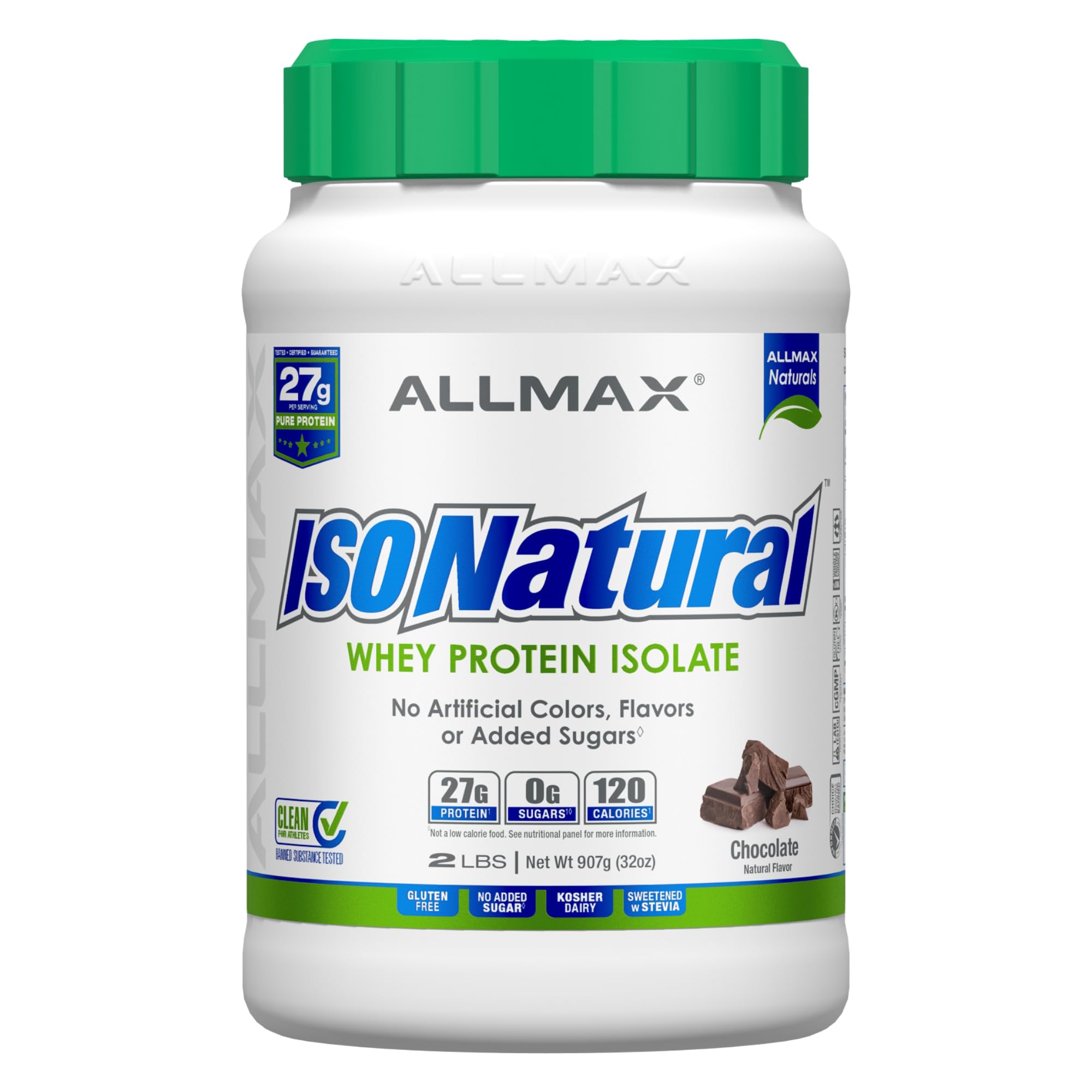 ALLMAX Nutrition ISONATURAL Whey Protein Isolate Powder, Chocolate Flavor - 2 lb (29 Servings) - 27g Protein Per Scoop, Zero Fat & Sugar, 99% Lactose Free with Prebiotics - No Artificial Flavors - Ideal for Post-Workout Recovery & Muscle Building