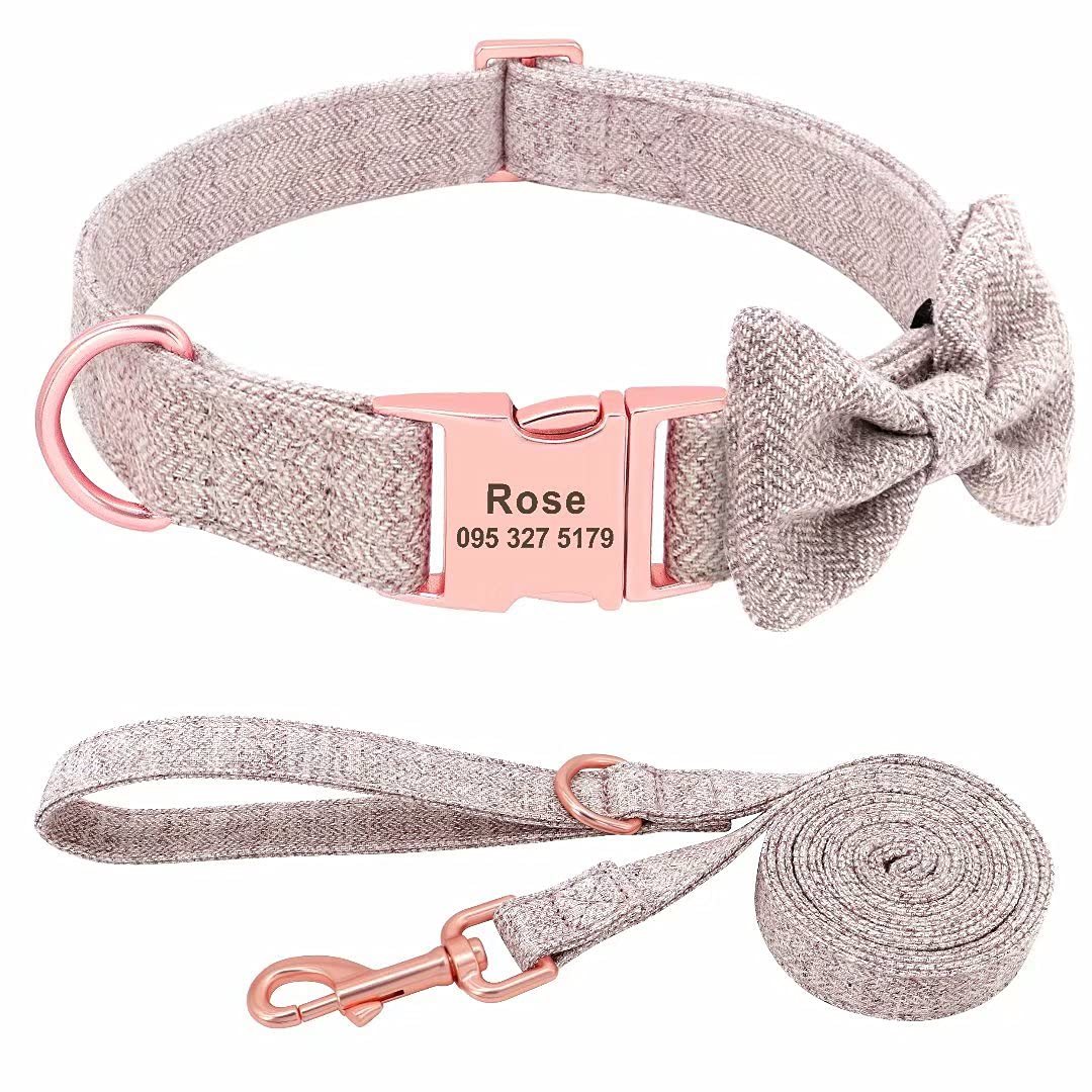 Personalized Girl Dog Collars with Detachable Bowtie - Soft & Comfy Pet Collar & Leash Set with Rose Gold Buckle - Adjustable Bow Tie for Small Medium Large Dogs (Brown) - Perfect for Daily Walks, Pet Parties & Photo Shoots