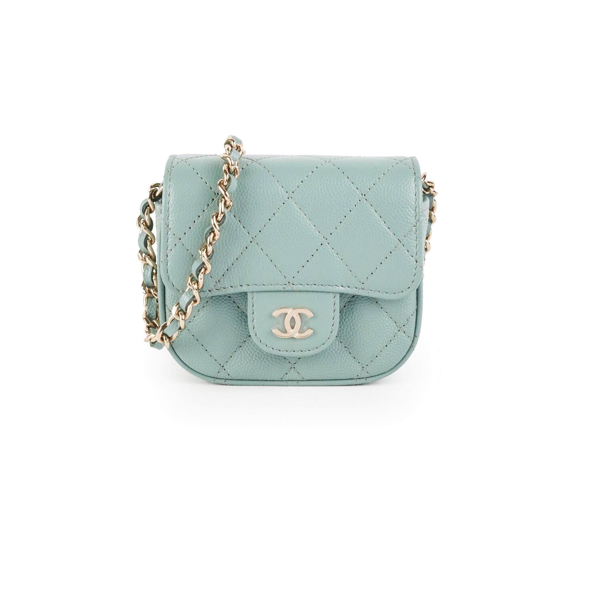 Chanel Micro Bag With Chain Greyish Green LGHW Caviar Leather Crossbody Bag for Women - Perfect for Evening Parties, Date Nights & Special Occasions