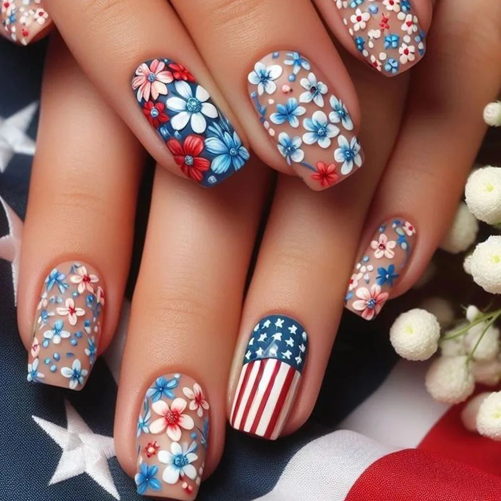 24Pcs Blue French Fake Press On Nails - Medium Length Square Ballet False Nails with White Floral Design, Ready to Wear Artificial Nail Set for Parties, Weddings & Special Occasions