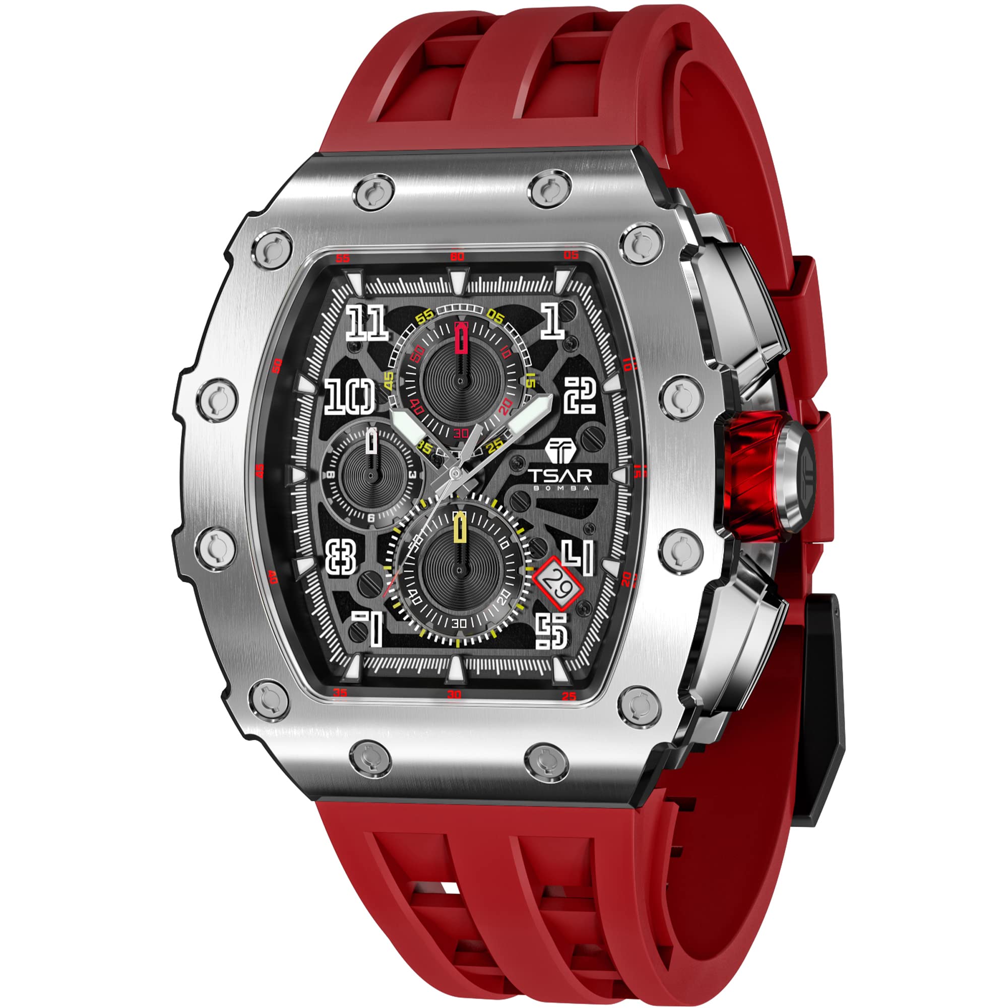 Premium Tsar Bomba Men's Luxury Tonneau Wristwatch - 50M Waterproof, Sapphire Glass, Japanese Quartz Movement, Silicone Strap, Chronograph, Luminous - Business, Sports & Casual Wear for Everyday & Special Occasions