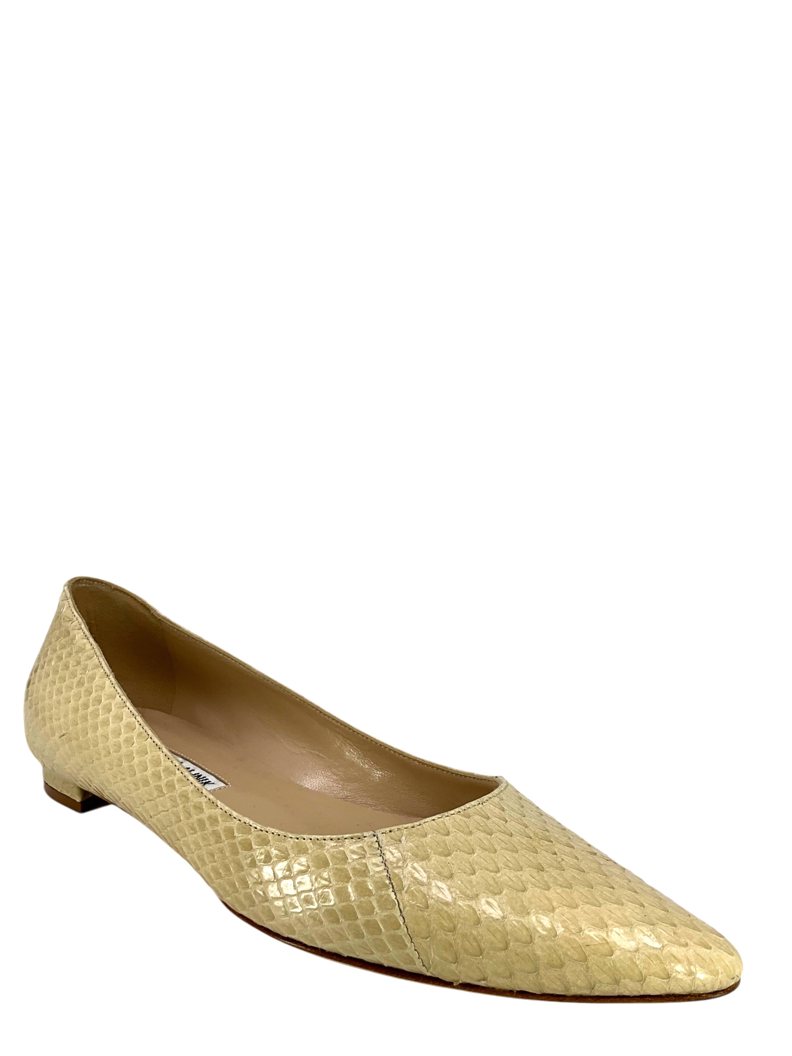Manolo Blahnik BB Ballerina Flats - Women's Size 7 Genuine Snakeskin Leather Pointed Toe Ballet Shoes for Work, Party & Special Occasions