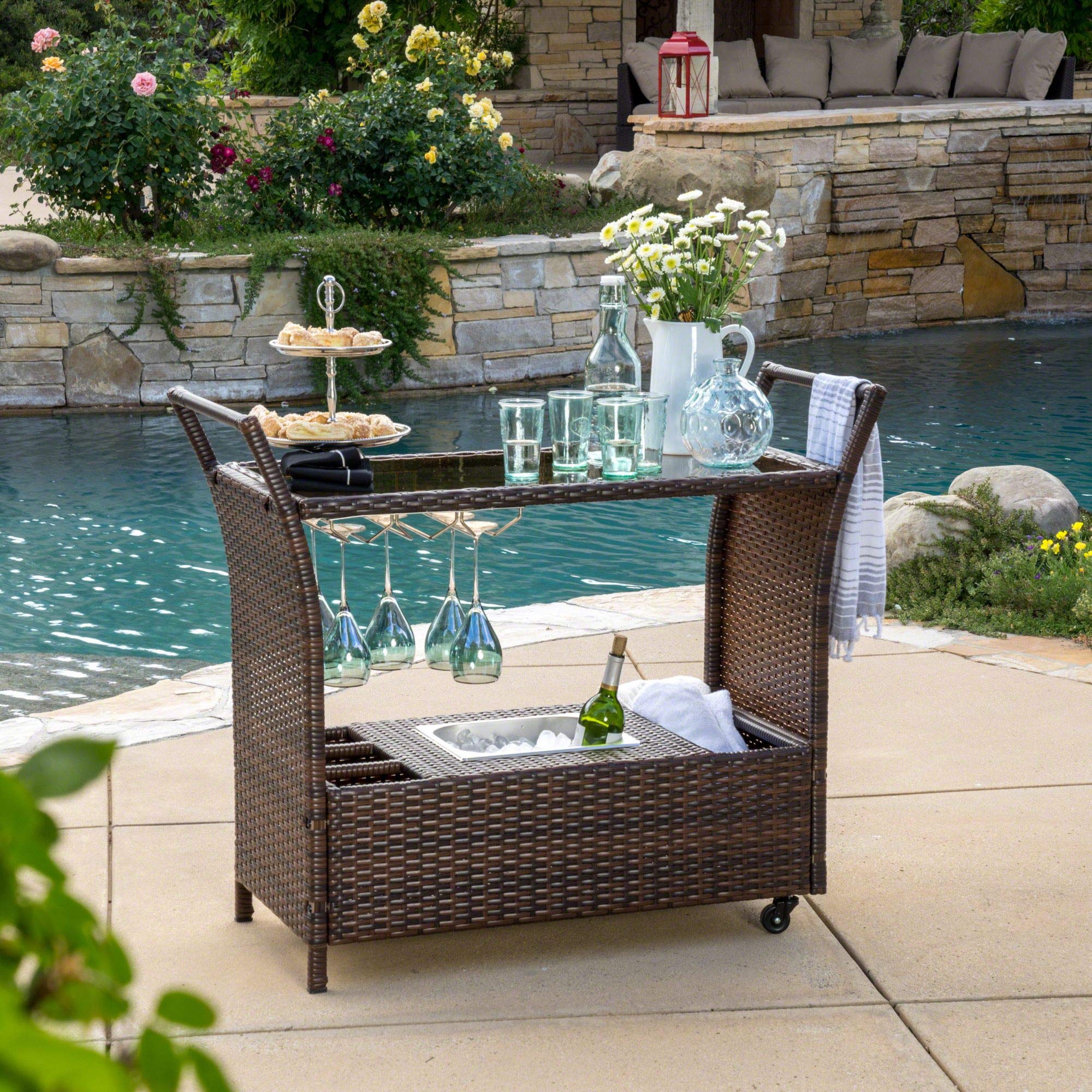 44.75 Inch Brown Outdoor Patio Serving Bar Cart with Wheels - Modern Mobile Beverage Station for Backyard, Garden & Poolside Entertaining