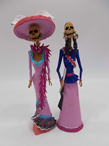 Handmade Mexican Day of the Dead Catrina Clay Sculpture Set - 2 Piece 12